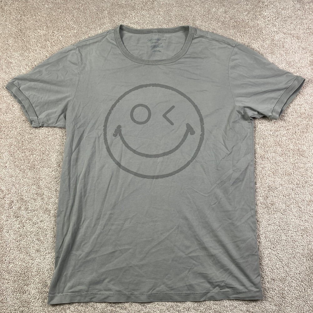 Outerknown Mens M T-Shirt Gray Organic Pima Cotton Winking Smiley Face Graphic